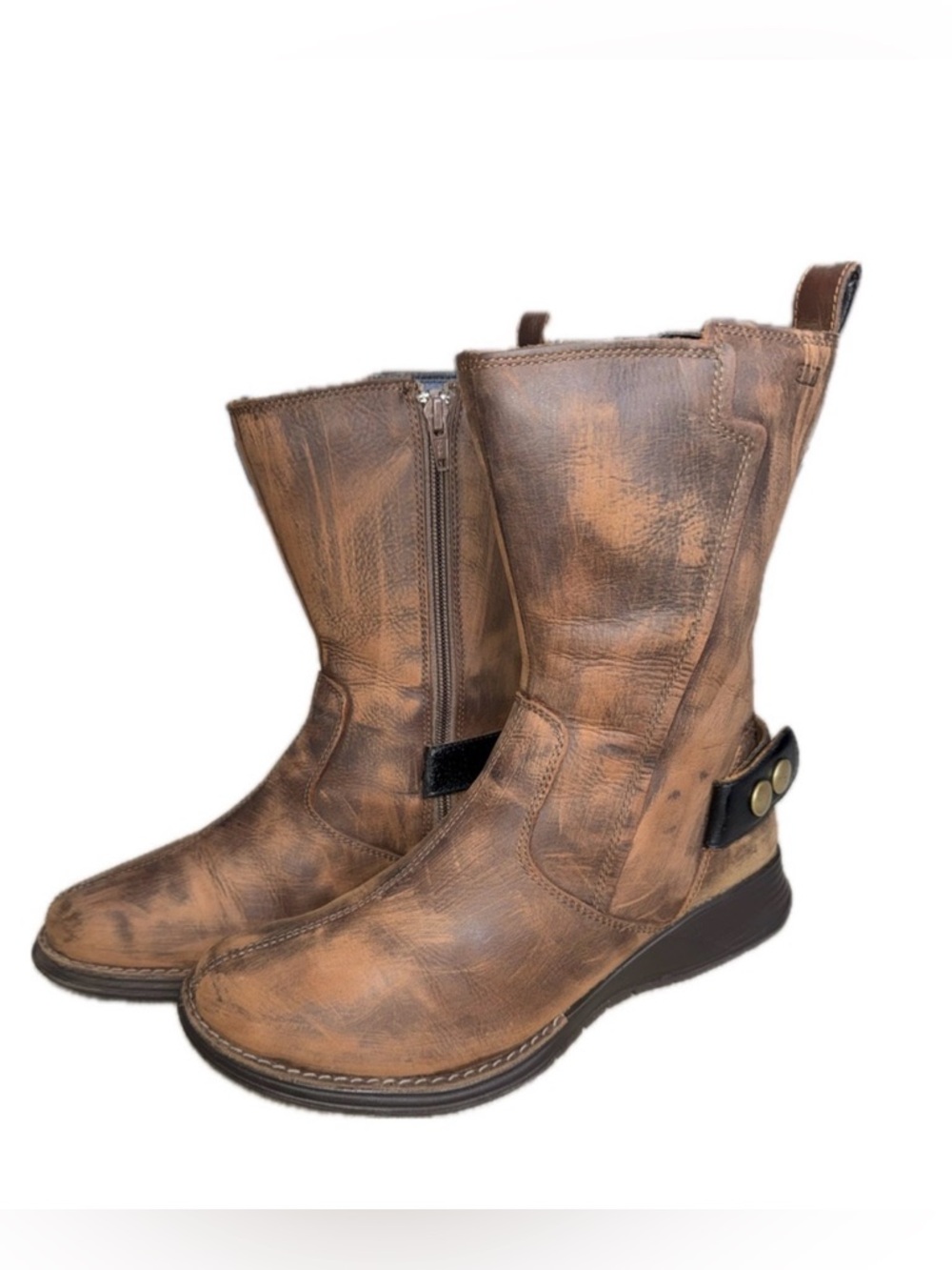 MERRELL Clay Brown‎ Leather Boots Hand Distressed Patina Snap Buckle Boho US 8.5